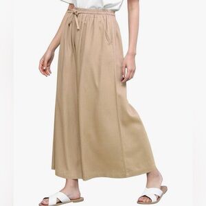 Washed Linen Casual Loose Wide Leg Pants Pocket Pant with Draw String -beige